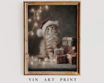 Vintage Christmas Kitten Print: Santa Hat Cat Portrait (Digital Download)