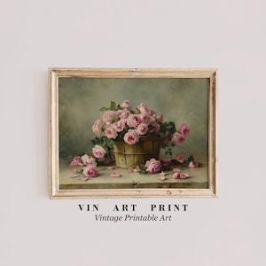 Vintage Flower Printable Wall Art | Antique Rose Painting | Vintage Botanical Print | Flower Vase Bouquet Digital | French Country Decor