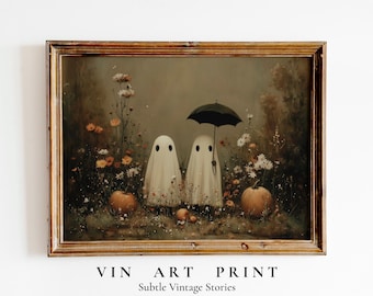 Impresión vintage de fantasmas, decoración de pared imprimible de otoño espeluznante, arte de pared acogedor de Halloween, pintura de fantasmas de Halloween, impresión de guardería de Halloween