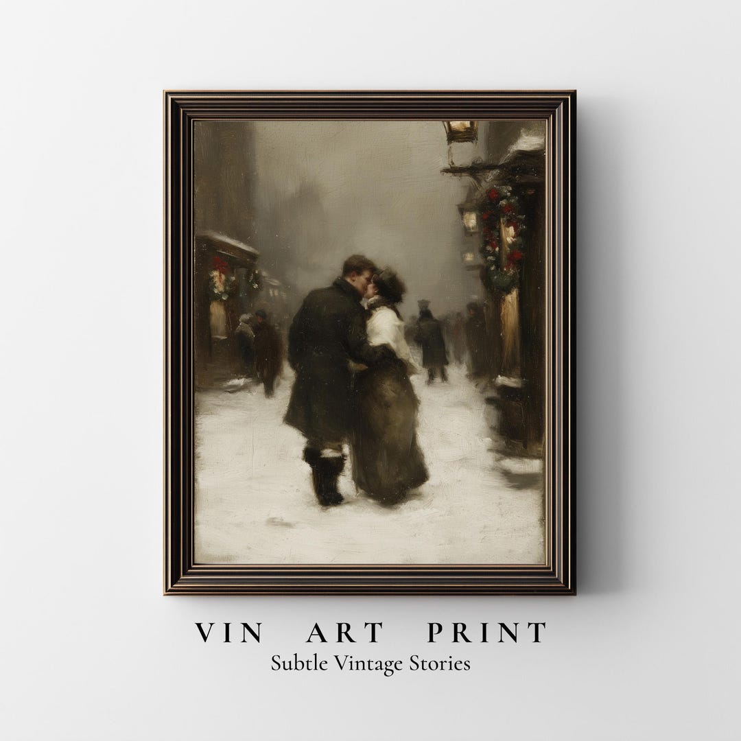 Winter Romance Printable Art - A Couple in Love Kissing in Snowy Street ...
