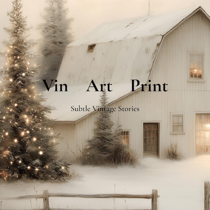 Snowy Barn Christmas Tree Art Print | Rustic Winter Farmhouse (digital ...