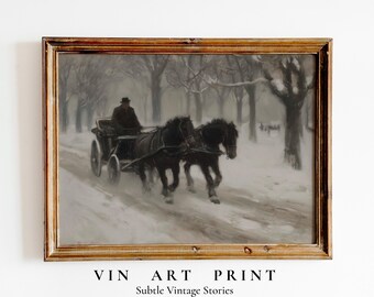 Vintage Christmas Sleigh Print: Rustic Horse-Drawn Winter Scene (Digital Download)