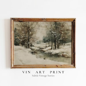 Pintura de paisaje invernal vintage: Arte rústico navideño para pared (descarga digital)