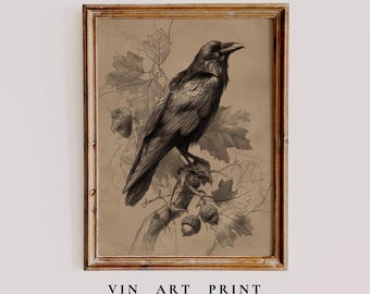 Vintage Raven Sketch Art Print | Moody Dark Academia Decor (Digital Download)