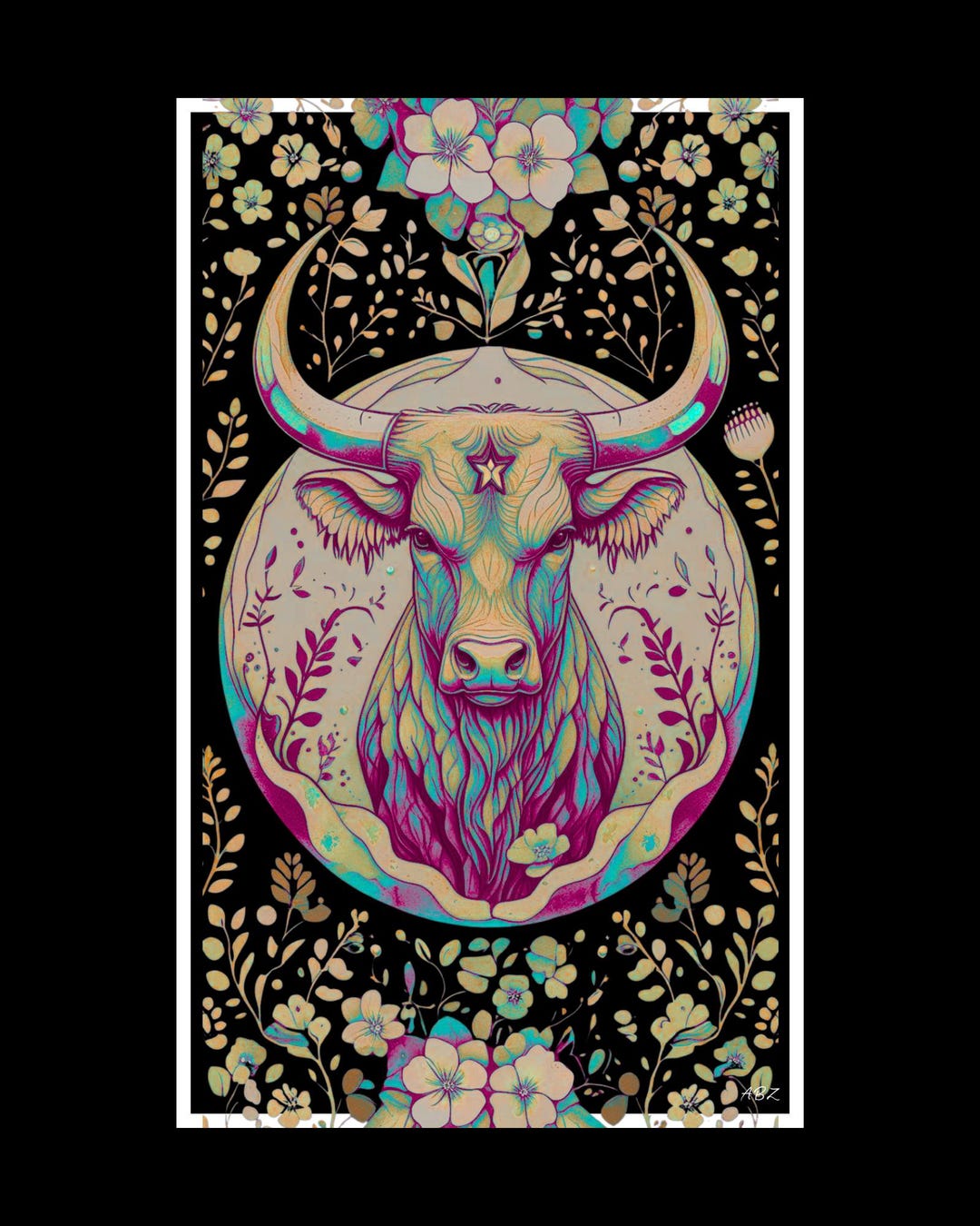 Psychedelic Bull Digital Art Print • Boho Cosmic Wall Decor • Taurus ...