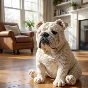 Puede incluir: Un perro bulldog de ganchillo de color crema est&aacute; sentado en un suelo de madera. El perro hecho a mano tiene una cara detallada, orejas ca&iacute;das y una postura sentada. El perro es un art&iacute;culo decorativo, probablemente para la decoraci&oacute;n del hogar.