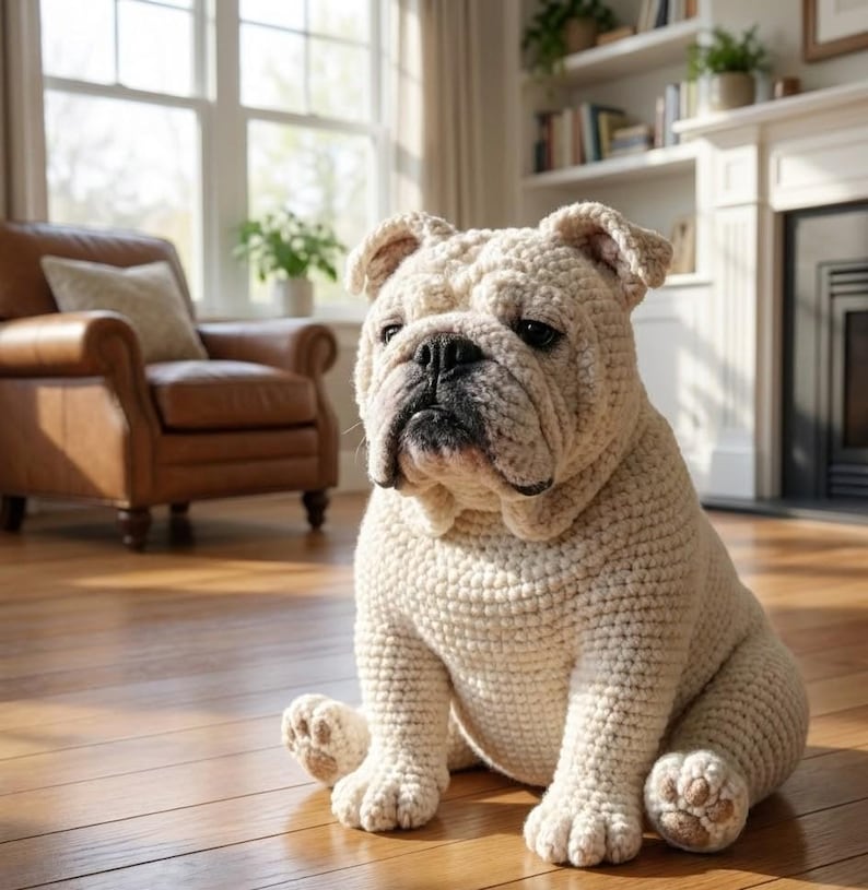 Puede incluir: Un perro bulldog de ganchillo de color crema est&aacute; sentado en un suelo de madera. El perro hecho a mano tiene una cara detallada, orejas ca&iacute;das y una postura sentada. El perro es un art&iacute;culo decorativo, probablemente para la decoraci&oacute;n del hogar.