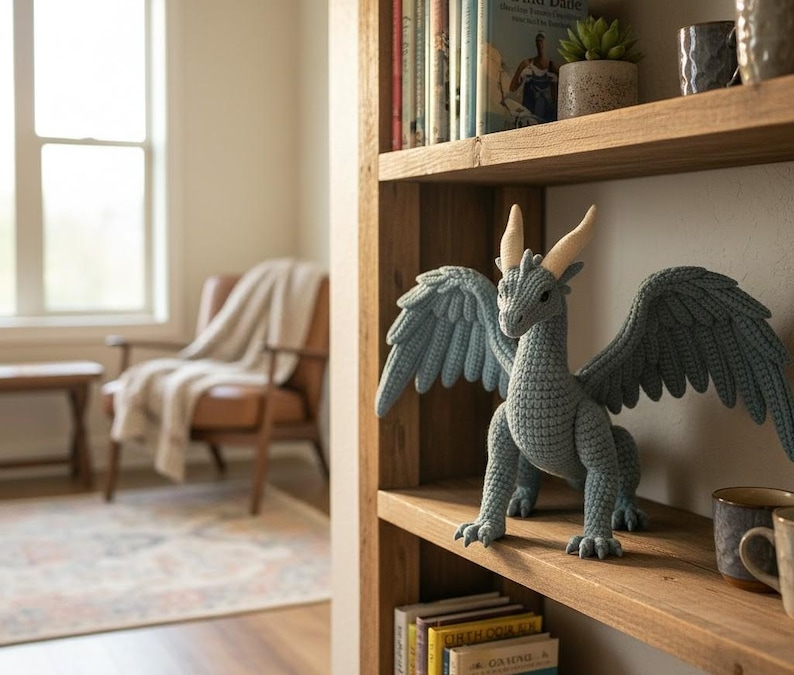 May include: A crocheted dragon figurine with outstretched wings, in shades of gray and blue, stands on a wooden shelf. The dragon has tan horns and is positioned among books and decorative items, creating a whimsical display.
