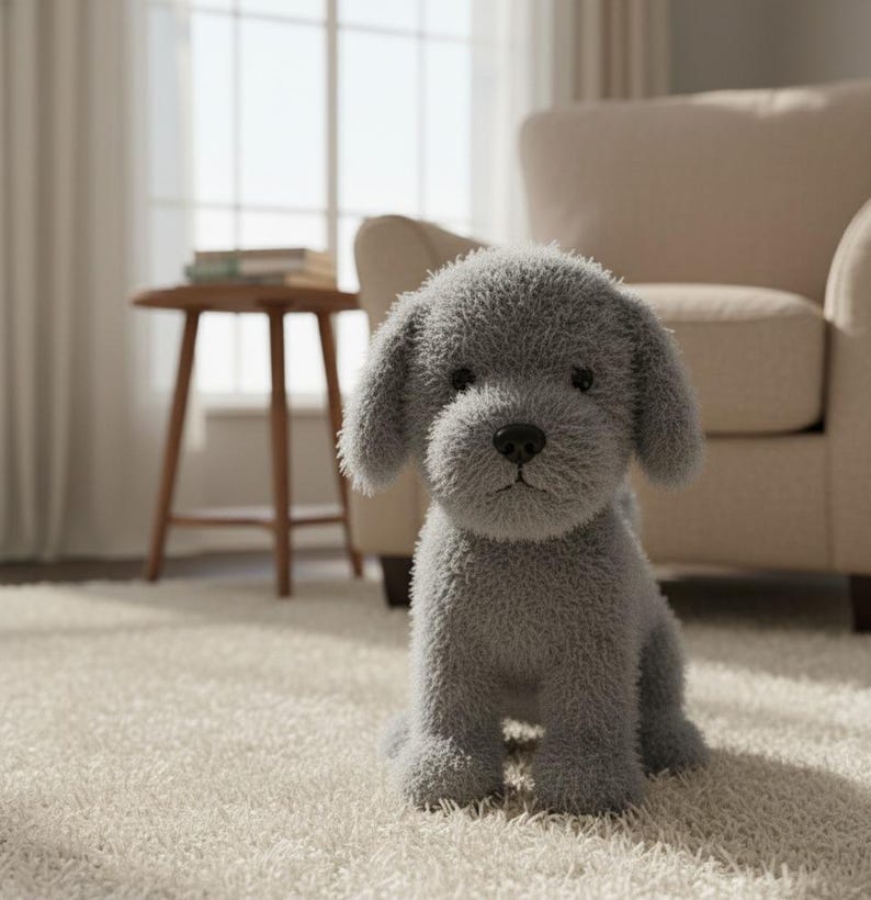 May include: A grey plush dog toy with large, floppy ears and a black nose sits on a white carpet. The soft toy is in a living room setting, with a neutral-toned armchair and a small wooden side table in the background.