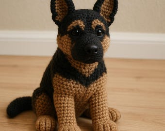 Realistischer sitzender Schäferhund Amigurumi Plüsch - Häkelhund Stofftier Spielzeug