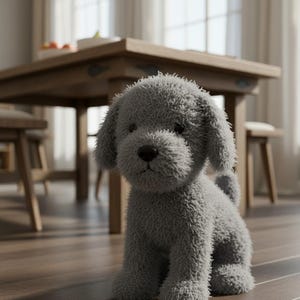 May include: A soft, grey plush puppy dog toy with floppy ears and a small tail. The stuffed animal is sitting on a wooden floor. A wooden table and chairs are in the background. The toy has a fuzzy texture.