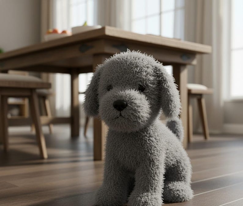 May include: A soft, grey plush puppy dog toy with floppy ears and a small tail. The stuffed animal is sitting on a wooden floor. A wooden table and chairs are in the background. The toy has a fuzzy texture.