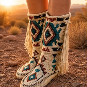 Puede incluir: Botas de ganchillo color crema con un estampado del suroeste en turquesa, marrón y negro. Las botas tienen flecos y se muestran al aire libre en un camino de tierra.