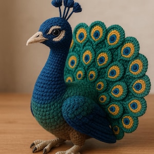 Realistyczny wzór amigurumi pawia w formacie PDF • Samouczek robienia szydełkowej zabawki dla ptaków • Pluszowe zwierzątko DIY • Elegancka, ręcznie robiona dekoracja z pawia