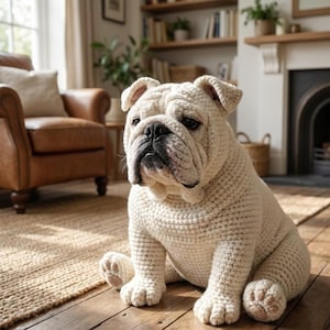 Puede incluir: Una gran escultura de perro bulldog de ganchillo blanquecino est&aacute; sentada en un suelo de madera. El perro tiene una cara arrugada distintiva, orejas ca&iacute;das y una postura sentada. La escultura est&aacute; en un sal&oacute;n.