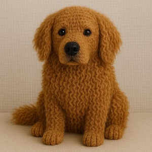 Op de afbeelding: Een handgemaakte, pluche golden retriever hond met een krullende, getextureerde vacht. De hond zit rechtop met zijn poten naar voren, met een zwarte neus en donkere ogen. Het pluche speelgoed heeft een warme, goudbruine kleur.