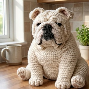 Puede incluir: Una figura de bulldog de ganchillo de color crema, con un hocico negro y detalles cuidados. El perro hecho a mano est&aacute; sentado sobre una superficie de madera, mostrando su textura. Una taza y una planta en maceta son visibles en el fondo.