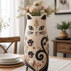 May include: A cream-colored cat-shaped vase with a crocheted texture, featuring embroidered details like whiskers, paw prints, and floral patterns. The vase holds pink flowers and greenery, and is decorated with gold and black beads.