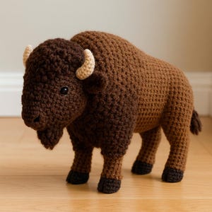 May include: A crocheted bison figurine in shades of brown. The bison has a dark brown head and body, with lighter brown horns and a small tail. The hooves are black. The figurine is standing on a wooden surface.