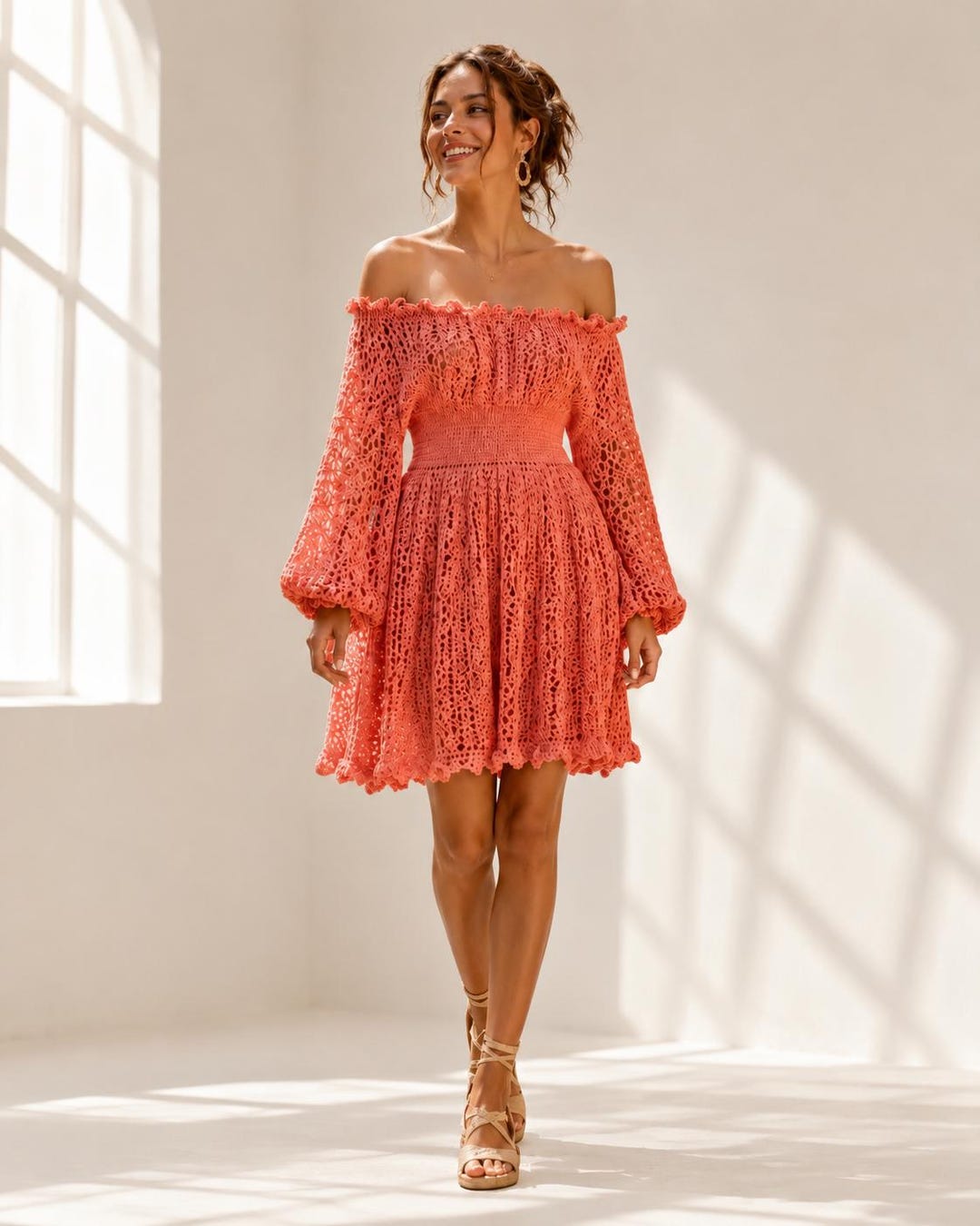 Crochet off Shoulder Dress Pattern PDF, Coral Puff Sleeve Mini, Lace Summer Outfit, Boho Beach Tutorial