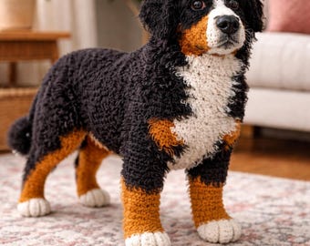 Realistiskt Berner Sennenhund Amigurumi Mönster, Berner Valp Virkning PDF, Nybörjarvänlig, Berner Sennen Plyschleksak DIY