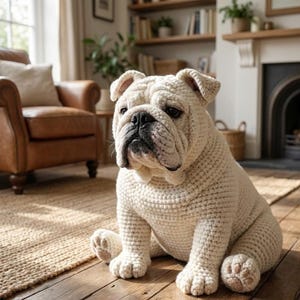 Puede incluir: Una gran escultura de perro bulldog de ganchillo blanquecino est&aacute; sentada en un suelo de madera. El perro tiene una cara arrugada distintiva, orejas ca&iacute;das y una postura sentada. La escultura est&aacute; en un sal&oacute;n.