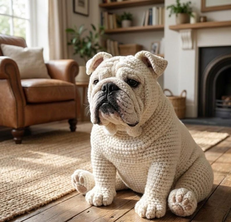 Puede incluir: Una gran escultura de perro bulldog de ganchillo blanquecino est&aacute; sentada en un suelo de madera. El perro tiene una cara arrugada distintiva, orejas ca&iacute;das y una postura sentada. La escultura est&aacute; en un sal&oacute;n.