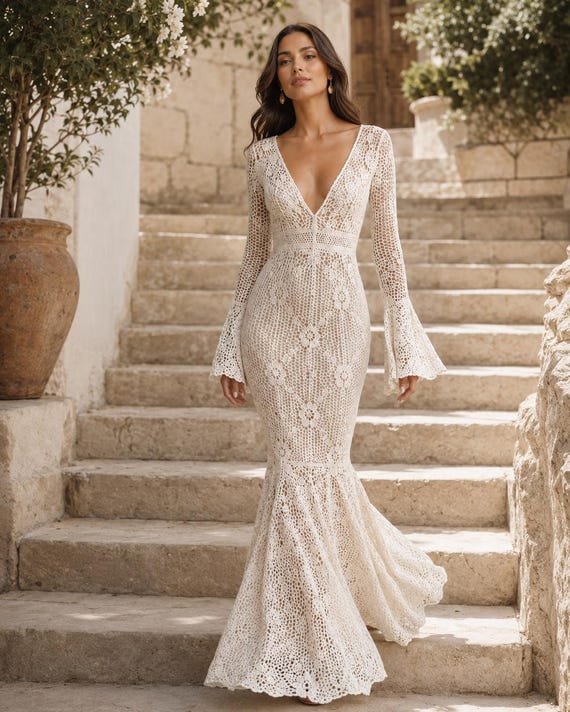 bohemian crochet wedding dress pattern Ivory Pattern, Long Sleeve Mermaid Gown PDF, Boho Bridal Lace Outfit crochet wedding dress