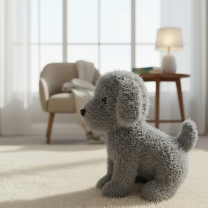 May include: A soft, grey dog toy with a curly texture is positioned on a cream carpet. The toy has a black nose and small, floppy ears. The background features a chair, a side table with a lamp, and a window.