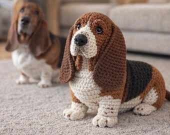 Patrón de ganchillo realista de Basset Hound en PDF, tutorial de amigurumi de perro, patrón de peluche de cachorro adorable, idea de regalo hecha a mano