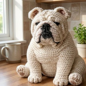 Puede incluir: Una gran figura de bulldog de ganchillo de color crema. El perro tiene una nariz negra y una expresi&oacute;n ligeramente triste. Est&aacute; sentado sobre una superficie de madera cerca de una ventana y una taza. El trabajo de ganchillo es detallado y texturizado.