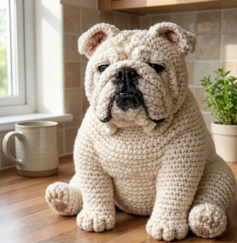 Puede incluir: Una gran figura de bulldog de ganchillo de color crema. El perro tiene una nariz negra y una expresi&oacute;n ligeramente triste. Est&aacute; sentado sobre una superficie de madera cerca de una ventana y una taza. El trabajo de ganchillo es detallado y texturizado.