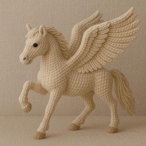 Puede incluir: Una figura de Pegaso de ganchillo de color crema, con alas extendidas. La criatura mítica tiene una melena, cola y alas detalladas, con la pata delantera levantada. Las pezuñas son de color marrón claro. El Pegaso es un artículo hecho a mano.