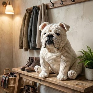 Puede incluir: Un gran bulldog de ganchillo color crema est&aacute; sentado en un banco de madera. El perro tiene un aspecto detallado y texturizado. Botas de cuero marr&oacute;n y una cesta de mimbre tambi&eacute;n est&aacute;n en el banco. Abrigos cuelgan encima.