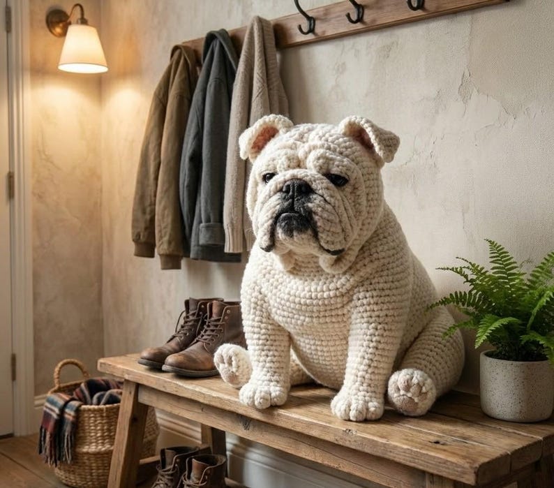 Puede incluir: Un gran bulldog de ganchillo color crema est&aacute; sentado en un banco de madera. El perro tiene un aspecto detallado y texturizado. Botas de cuero marr&oacute;n y una cesta de mimbre tambi&eacute;n est&aacute;n en el banco. Abrigos cuelgan encima.