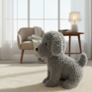 May include: A grey, plush dog toy with a curly texture sits on a cream carpet. The toy dog has a black nose and small, floppy ears. The background includes a chair, a side table with a lamp, and a window.