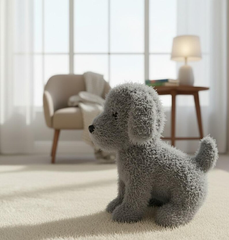 May include: A grey, plush dog toy with a curly texture sits on a cream carpet. The toy dog has a black nose and small, floppy ears. The background includes a chair, a side table with a lamp, and a window.