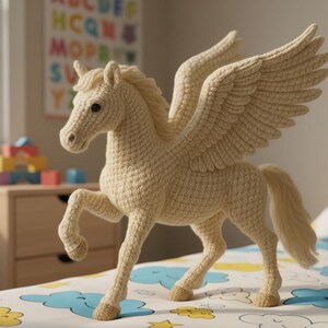 May include: A crocheted Pegasus toy in a light beige color. The mythical creature has large wings, a flowing mane and tail, and is posed with one leg raised. The toy is on a bed with a blue and yellow cloud pattern.