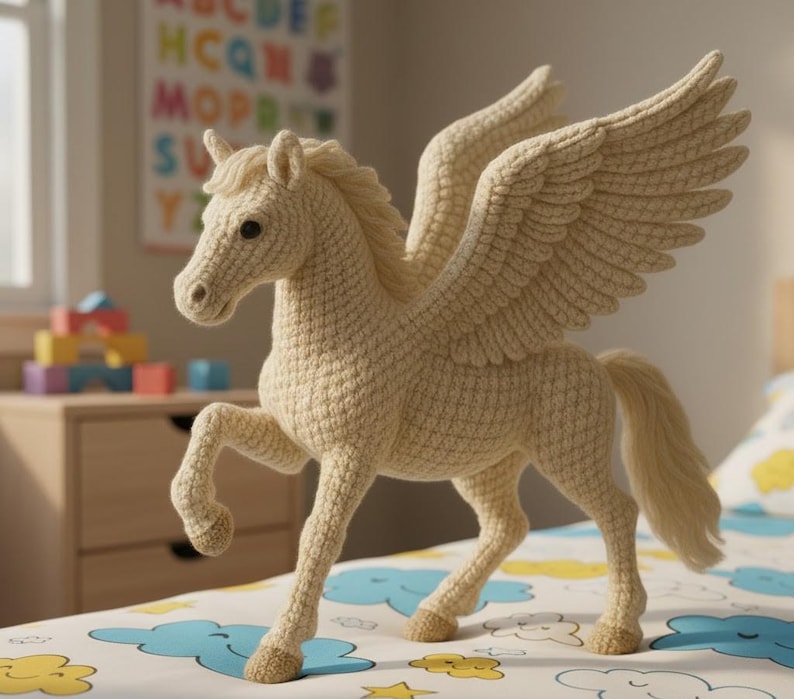 May include: A crocheted Pegasus toy in a light beige color. The mythical creature has large wings, a flowing mane and tail, and is posed with one leg raised. The toy is on a bed with a blue and yellow cloud pattern.