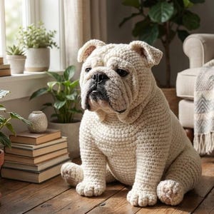 Puede incluir: Una gran escultura de perro bulldog de ganchillo de color crema se encuentra en un suelo de madera. El perro tiene una cara detallada y est&aacute; colocado cerca de una ventana con plantas y libros. La escultura es un objeto decorativo.