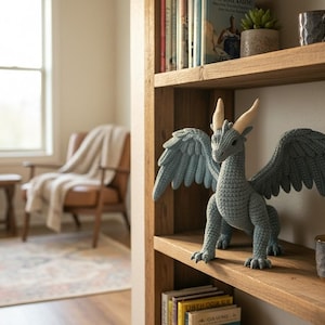 May include: A crocheted dragon figurine with outstretched wings, in shades of gray and blue, stands on a wooden shelf. The dragon has detailed features, including horns and a textured body. Books and a small potted plant are also visible.