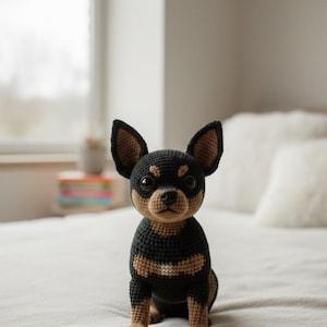 May include: A crocheted chihuahua dog figurine in black and tan. The handmade dog has large, upright ears and is sitting on a white surface. The dog's body is black with tan markings.