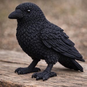 Op de afbeelding: Een handgemaakt, zwart gebreid kraaienbeeldje. De vogel heeft een gedetailleerde textuur, met zichtbare steken die de veren en het lichaam creëren. Hij staat op twee voeten met gedetailleerde klauwen en heeft een zwarte snavel en ogen.
