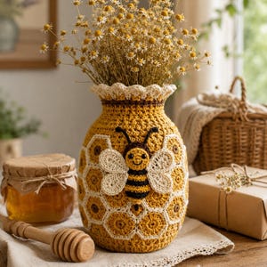May include: A yellow crochet vase with a bee design and honeycomb pattern, filled with dried yellow flowers. A jar of honey and a wooden honey dipper sit nearby, along with a wrapped gift box. The vase is approximately 20 cm tall.