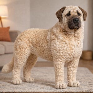May include: A handcrafted, beige-colored dog sculpture with a textured, knitted appearance. The dog has brown accents on its ears and muzzle, and stands on a neutral-toned rug. The sculpture is a decorative item, likely for home decor.