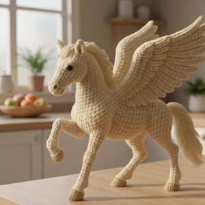May include: A crocheted Pegasus figurine in a light beige color. The mythical winged horse has detailed wings, a flowing mane and tail, and is posed with one leg raised. The handmade item is displayed on a wooden surface.