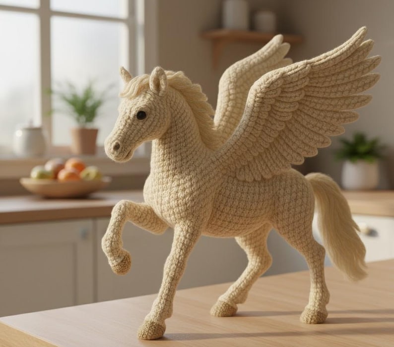 May include: A crocheted Pegasus figurine in a light beige color. The mythical winged horse has detailed wings, a flowing mane and tail, and is posed with one leg raised. The handmade item is displayed on a wooden surface.