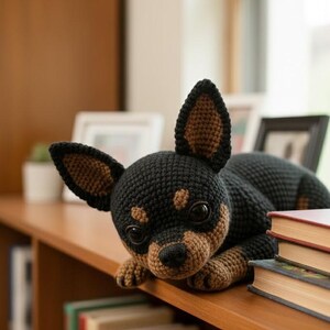 May include: A handmade crochet chihuahua dog in black and tan. The dog is lying on a wooden shelf, with its head and paws hanging over the edge. The dog has large, dark eyes and a detailed snout. Books are visible on the shelf.