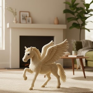 May include: A cream-colored, crocheted Pegasus stands on a light-colored carpet. The mythical creature has large, outstretched wings, a flowing mane and tail, and is posed with one leg raised. The background includes a fireplace, a sofa, and a coffee table.