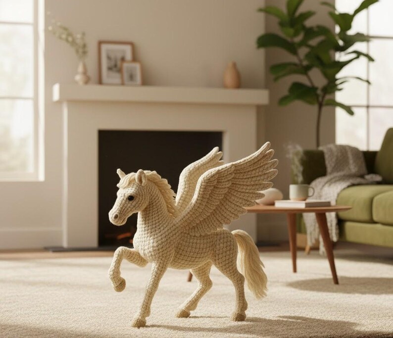 May include: A cream-colored, crocheted Pegasus stands on a light-colored carpet. The mythical creature has large, outstretched wings, a flowing mane and tail, and is posed with one leg raised. The background includes a fireplace, a sofa, and a coffee table.